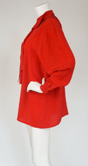 1980s Red Silk Ruffle Neck Blouse