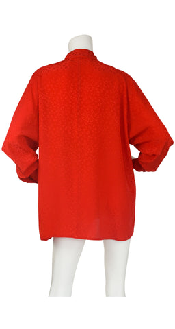 1980s Red Silk Ruffle Neck Blouse