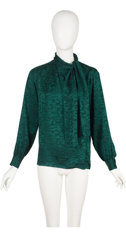 1980s Green Silk Jacquard Tie-Neck Blouse