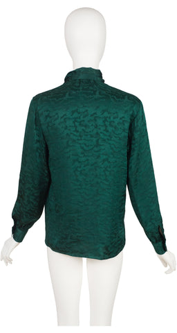 1980s Green Silk Jacquard Tie-Neck Blouse