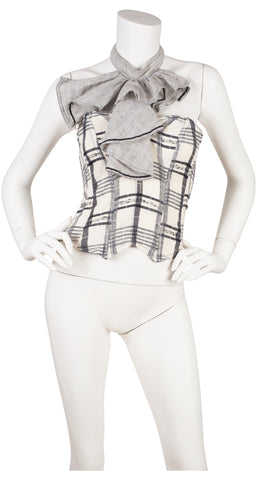 1980s Plaid Linen Jabot Corset Bustier Top