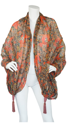 1989 F/W Runway Floral Silk Chiffon Tassel Shawl