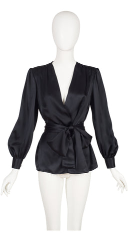 1980s Black Liquid Silk Satin Balloon Sleeve Wrap Blouse
