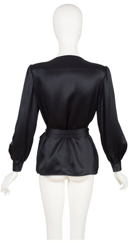 1980s Black Liquid Silk Satin Balloon Sleeve Wrap Blouse