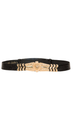 1980s Lion's Head Black Snakeskin Belt