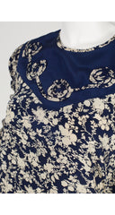 1980s Navy & Cream Floral Silk Appliquéd Blouse