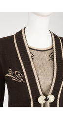 1970s does 1930s Intarsia Brown Cardigan Sweater Set