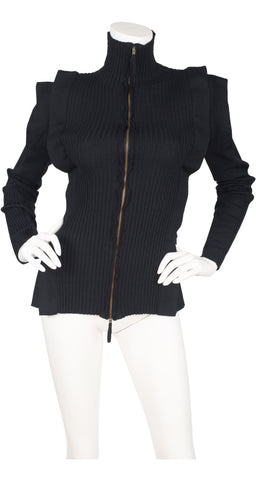 1990s Black Ribbed Wool Knit Zip-Up Sweater