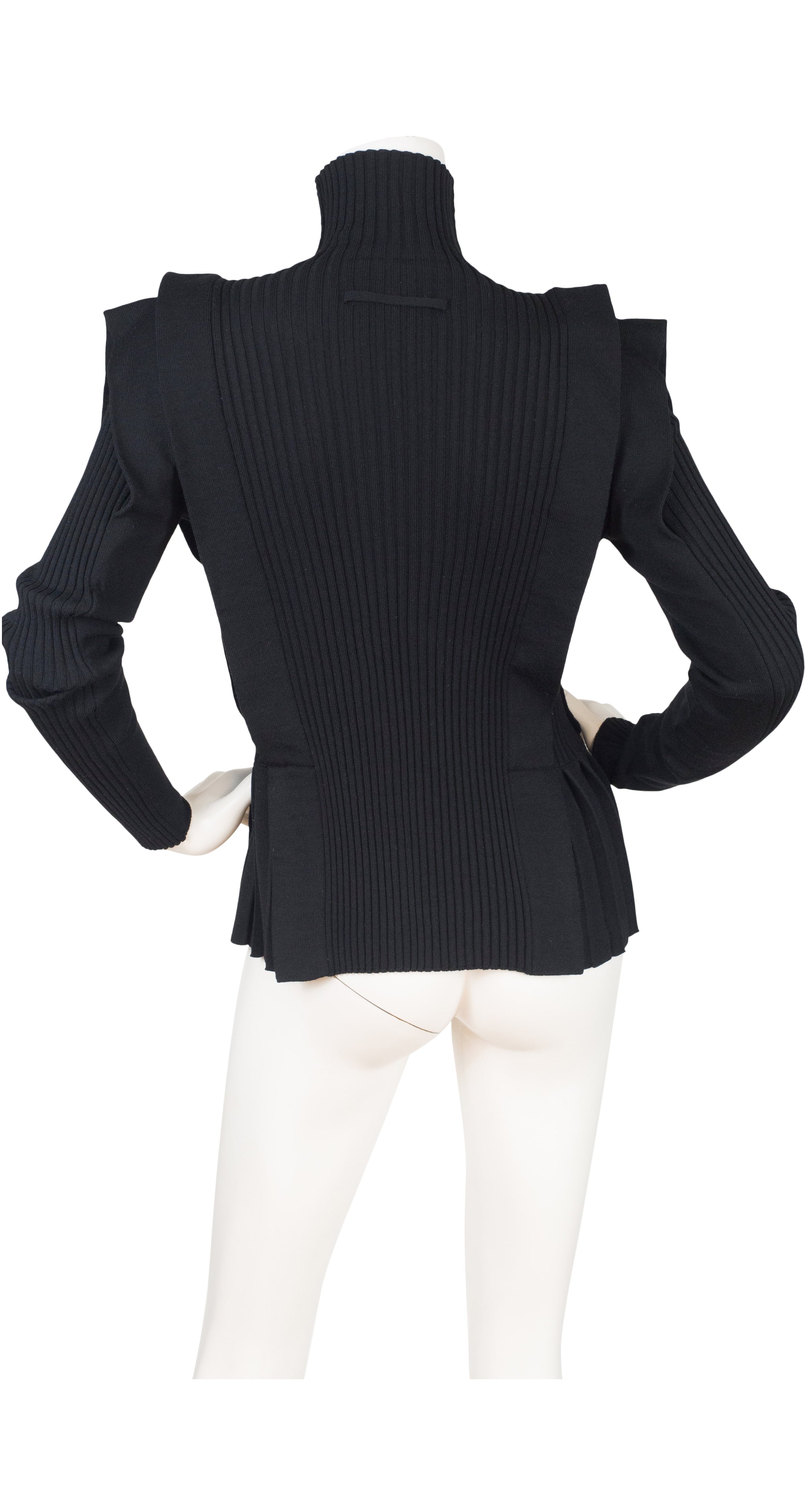 1990s Black Ribbed Wool Knit Zip-Up Sweater