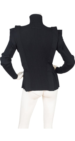 1990s Black Ribbed Wool Knit Zip-Up Sweater