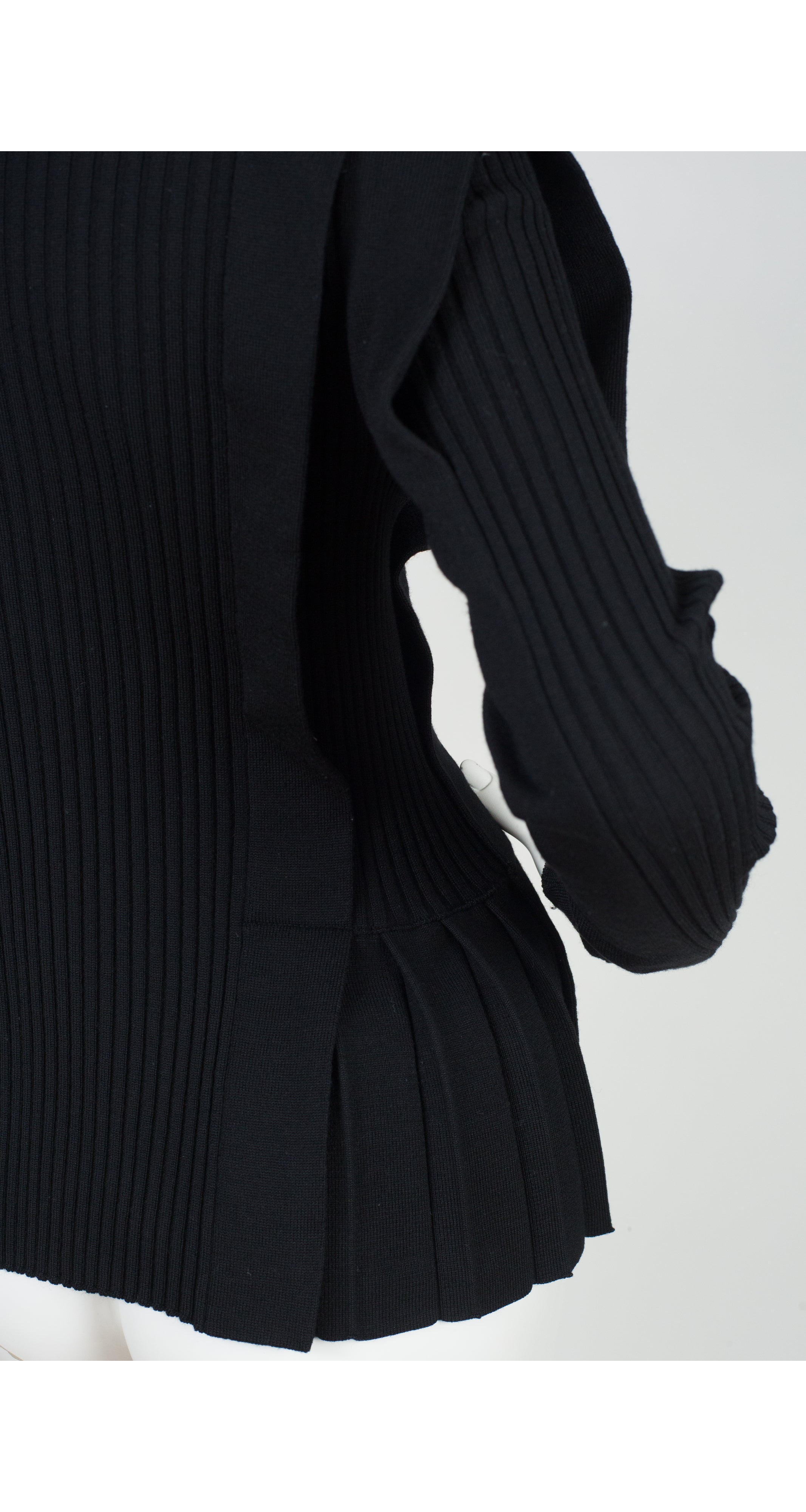 1990s Black Ribbed Wool Knit Zip-Up Sweater