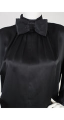 1980s Black Satin Bow Tie Long Sleeve Blouse