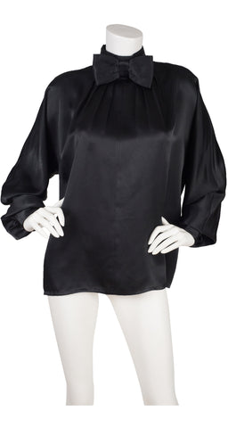 1980s Black Satin Bow Tie Long Sleeve Blouse