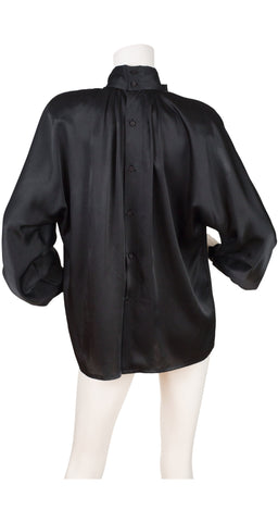 1980s Black Satin Bow Tie Long Sleeve Blouse