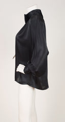 1980s Black Satin Bow Tie Long Sleeve Blouse