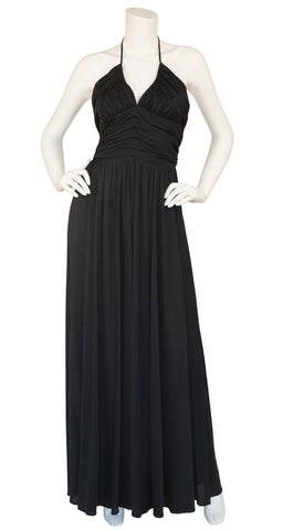 1970s Black Ruched Jersey Halter Gown