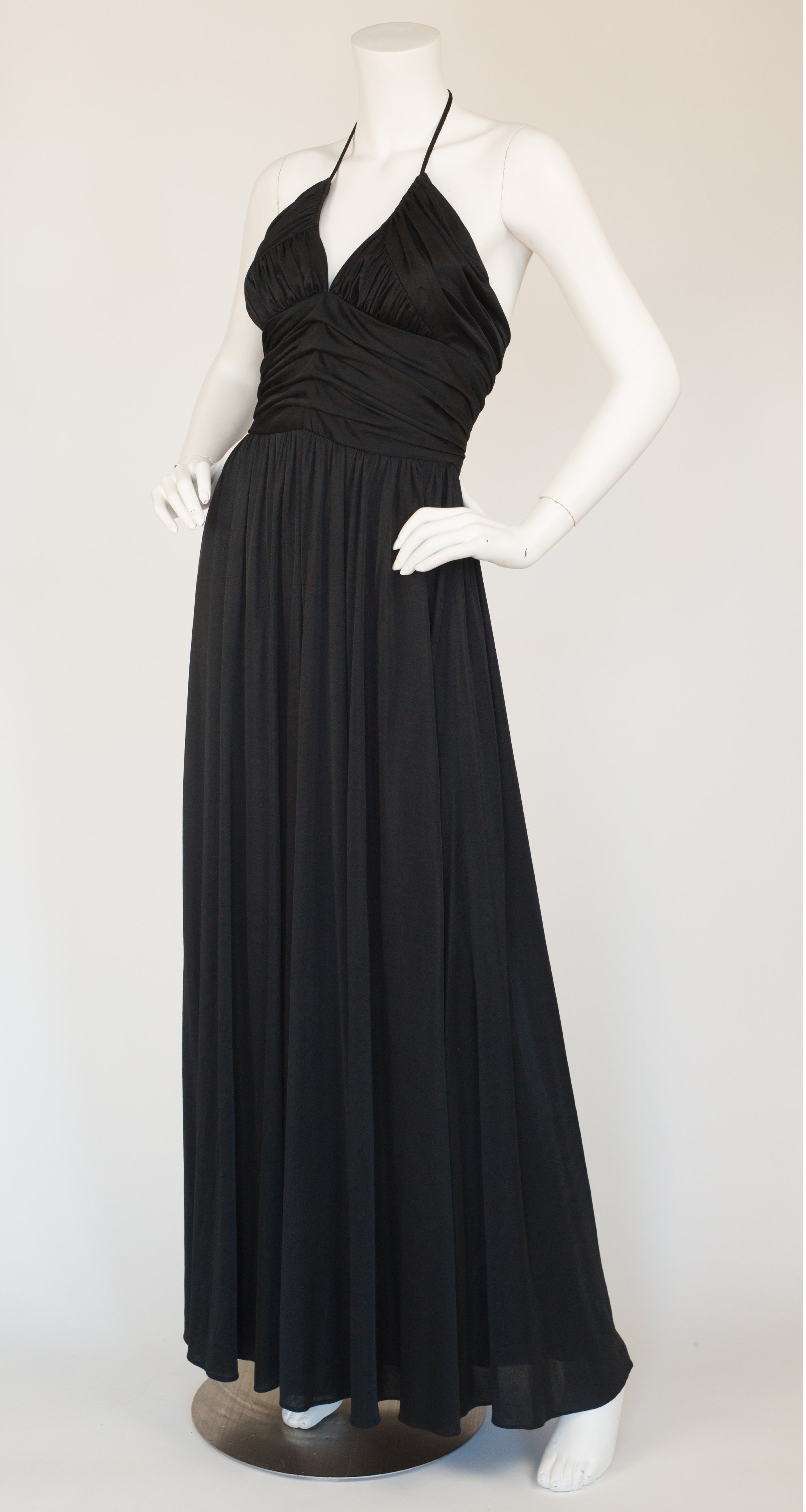 1970s Black Ruched Jersey Halter Gown