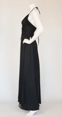 1970s Black Ruched Jersey Halter Gown
