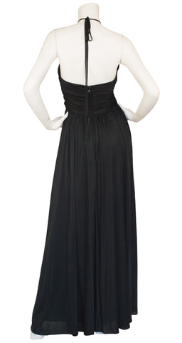 1970s Black Ruched Jersey Halter Gown