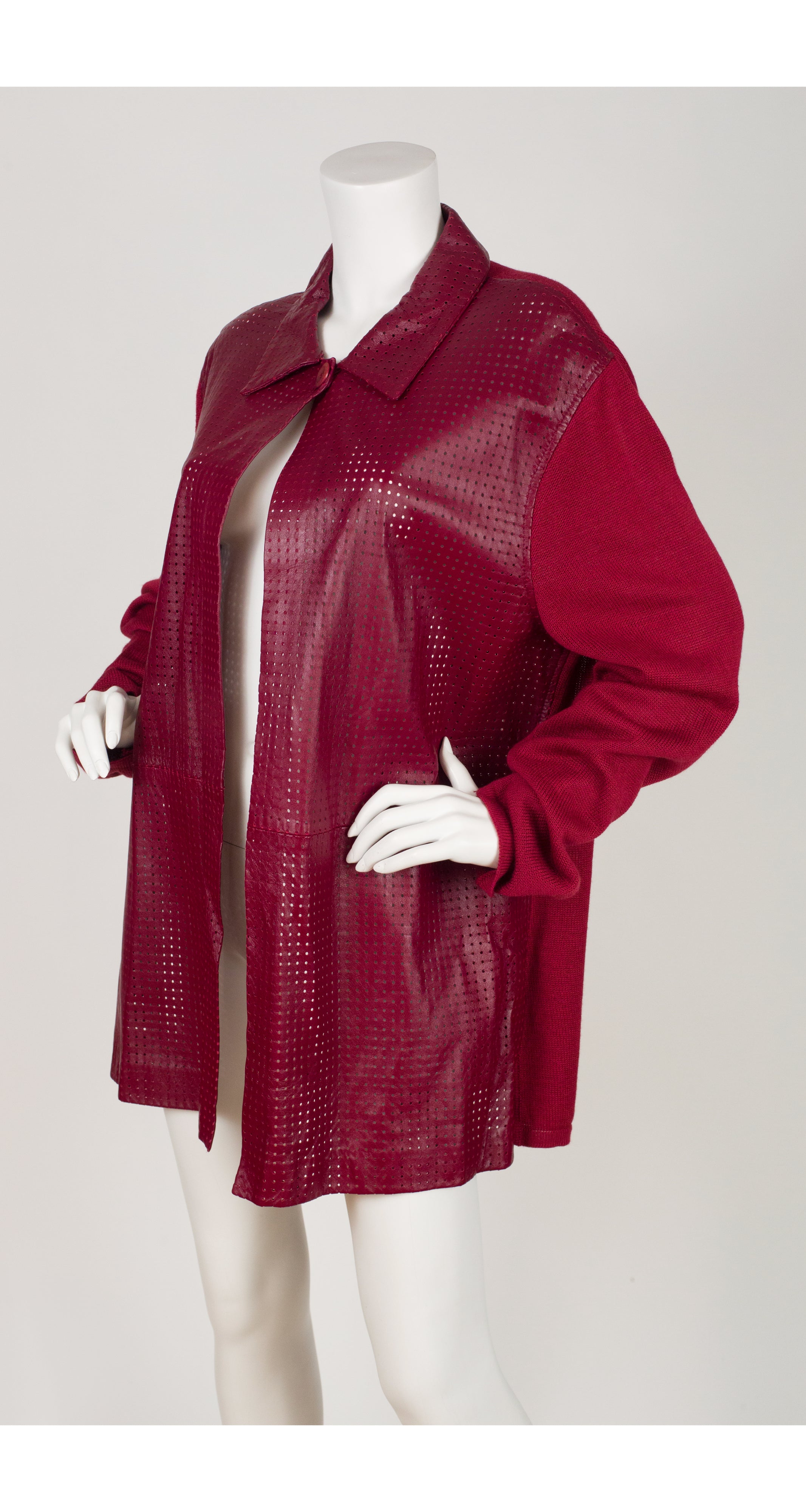 1990s NWT Burgundy Perforated Lambskin & Cotton Knit Jacket