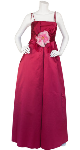 1950s Magenta Silk Satin Flower Appliqué Gown