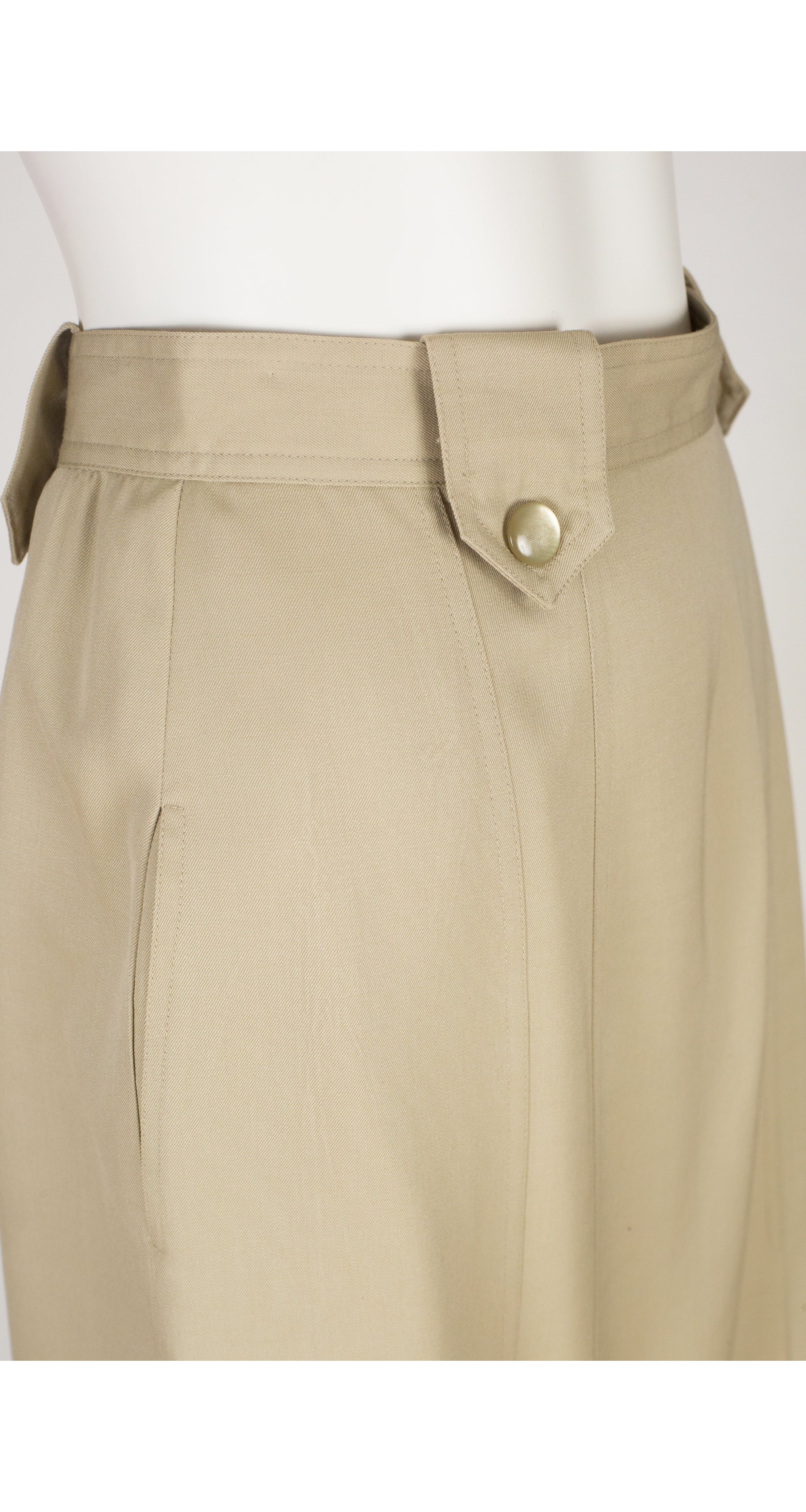 1980s Khaki Wool Gabardine Pleated Midi Skirt