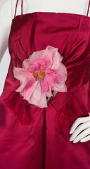 1950s Magenta Silk Satin Flower Appliqué Gown