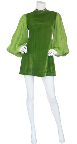 1960s Beaded Green Velvet Balloon Sleeve Mini Dress