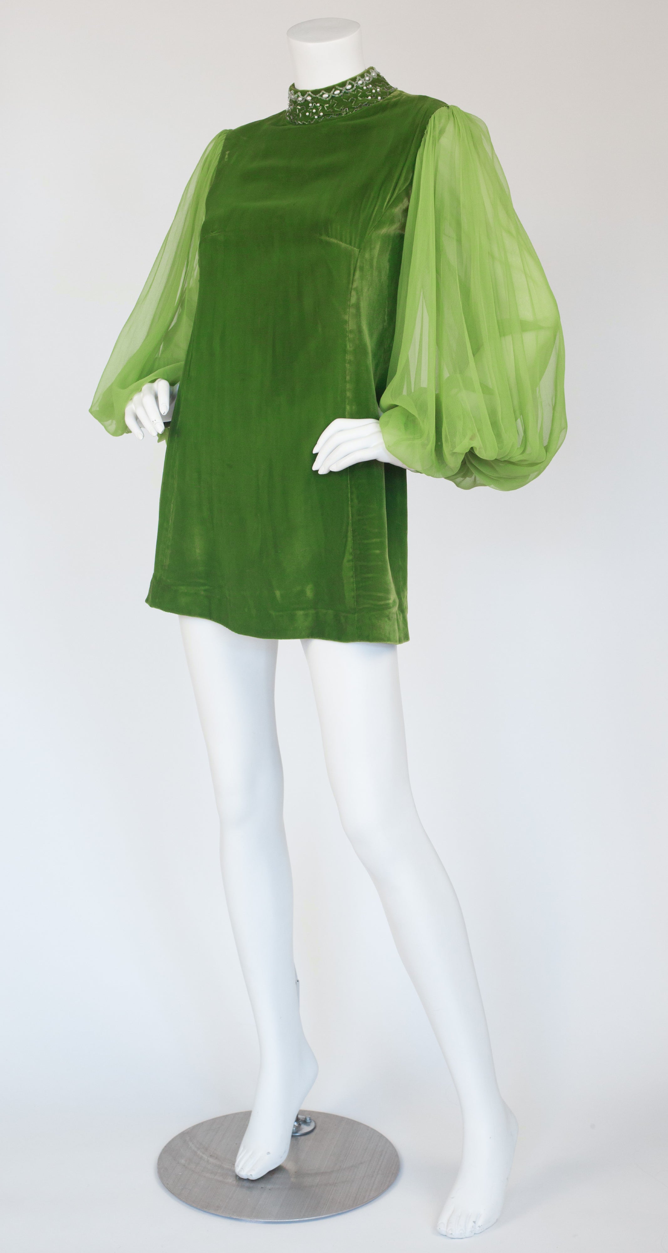 1960s Beaded Green Velvet Balloon Sleeve Mini Dress