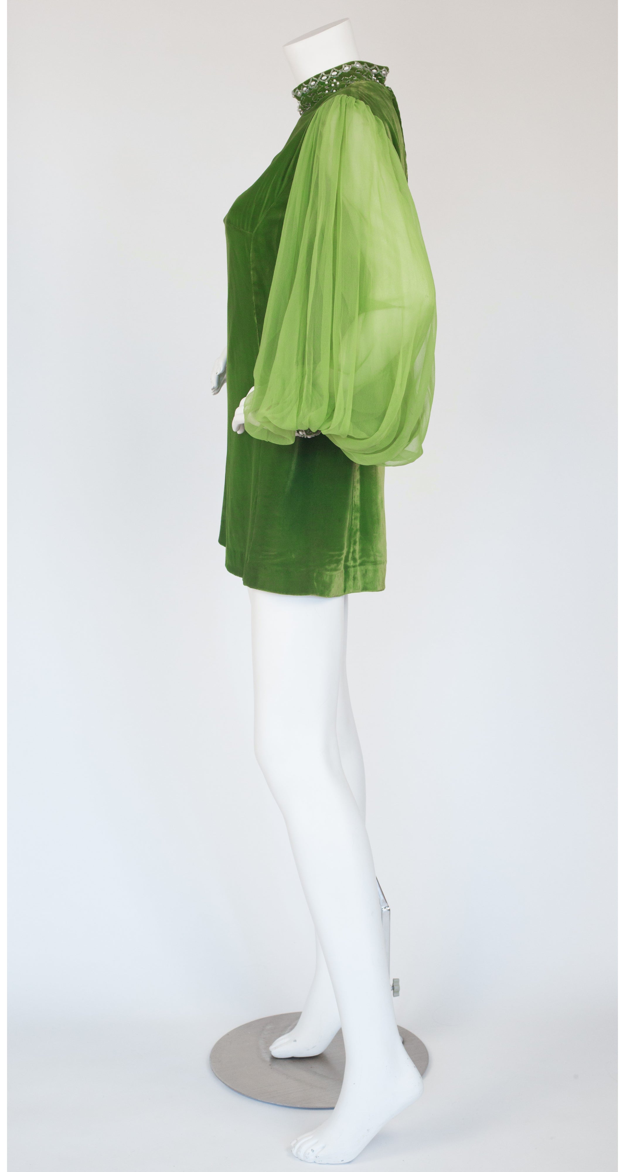 1960s Beaded Green Velvet Balloon Sleeve Mini Dress Featherstone Vintage 1960s Beaded Green Velvet Balloon Sleeve Mini Dress Featherstone Vintage