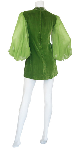 1960s Beaded Green Velvet Balloon Sleeve Mini Dress
