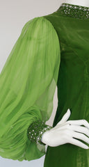 1960s Beaded Green Velvet Balloon Sleeve Mini Dress