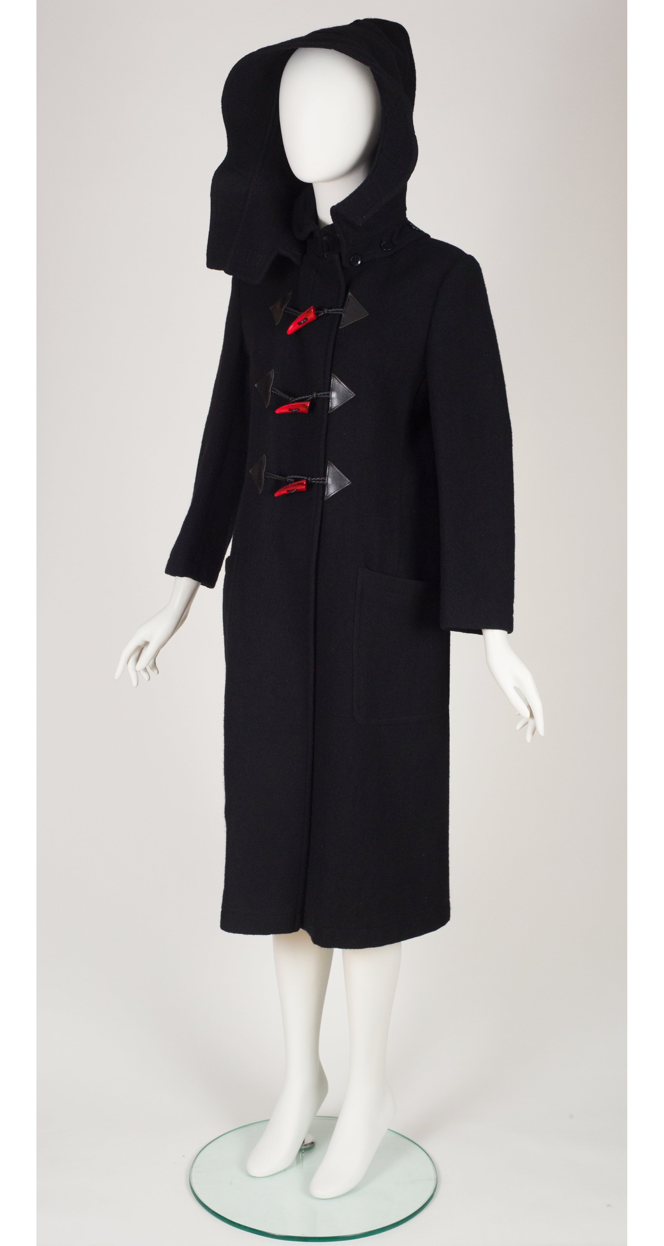 Red Toggle Black Wool Duffle Hooded Coat