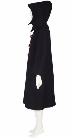 Red Toggle Black Wool Duffle Hooded Coat