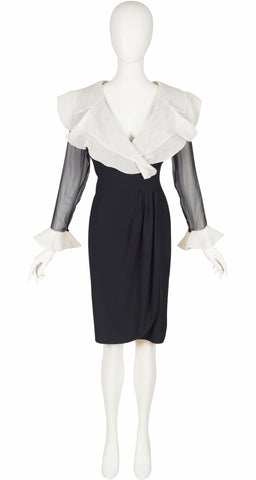 1991 S/S White Silk Organza Collar Black Crepe Dress