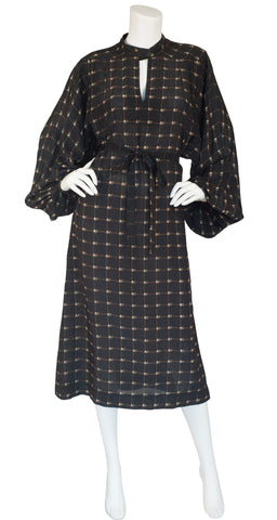 1970s Floral Black Rayon Billowing Sleeve Dress