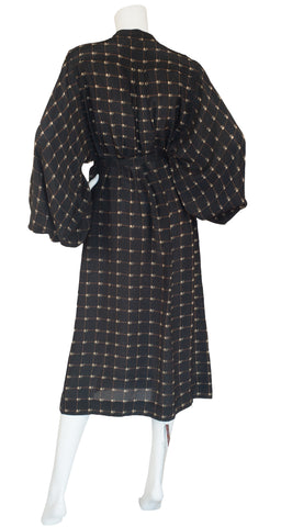 1970s Floral Black Rayon Billowing Sleeve Dress