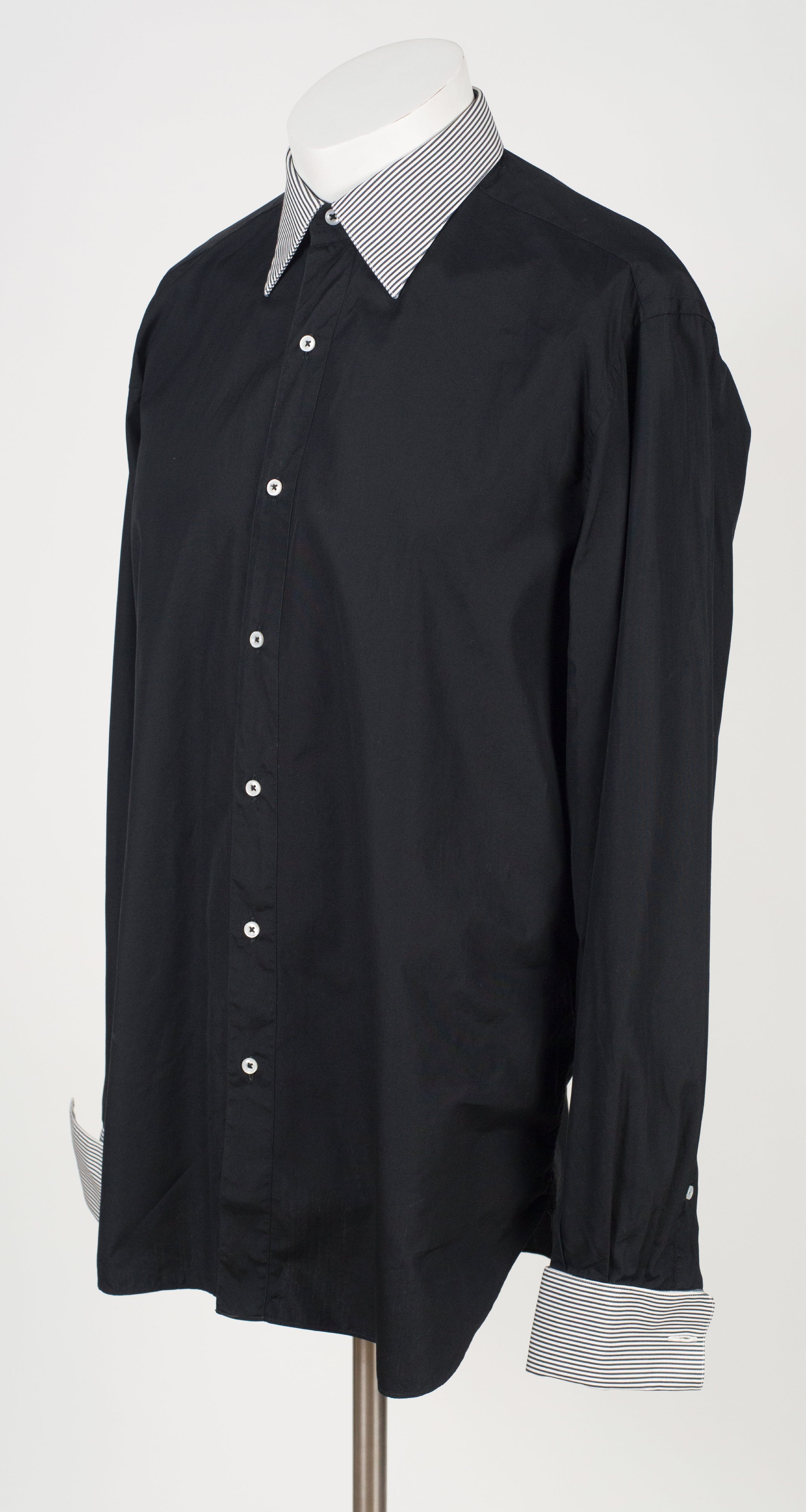 1990s Men's Striped Black & White Cotton French Cuff Dress Shirt