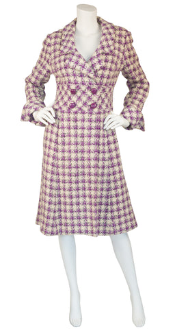 1960s Purple & Cream Houndstooth Wool Coat