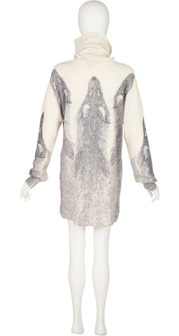 1980s Fox Stole Print Cream Angora Turtleneck Sweater Dress