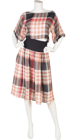 1980s Tartan Linen Cropped Top & Pleated Skirt Set