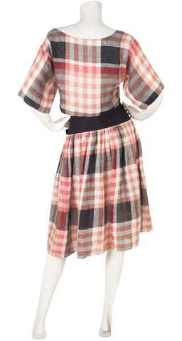 1980s Tartan Linen Cropped Top & Pleated Skirt Set
