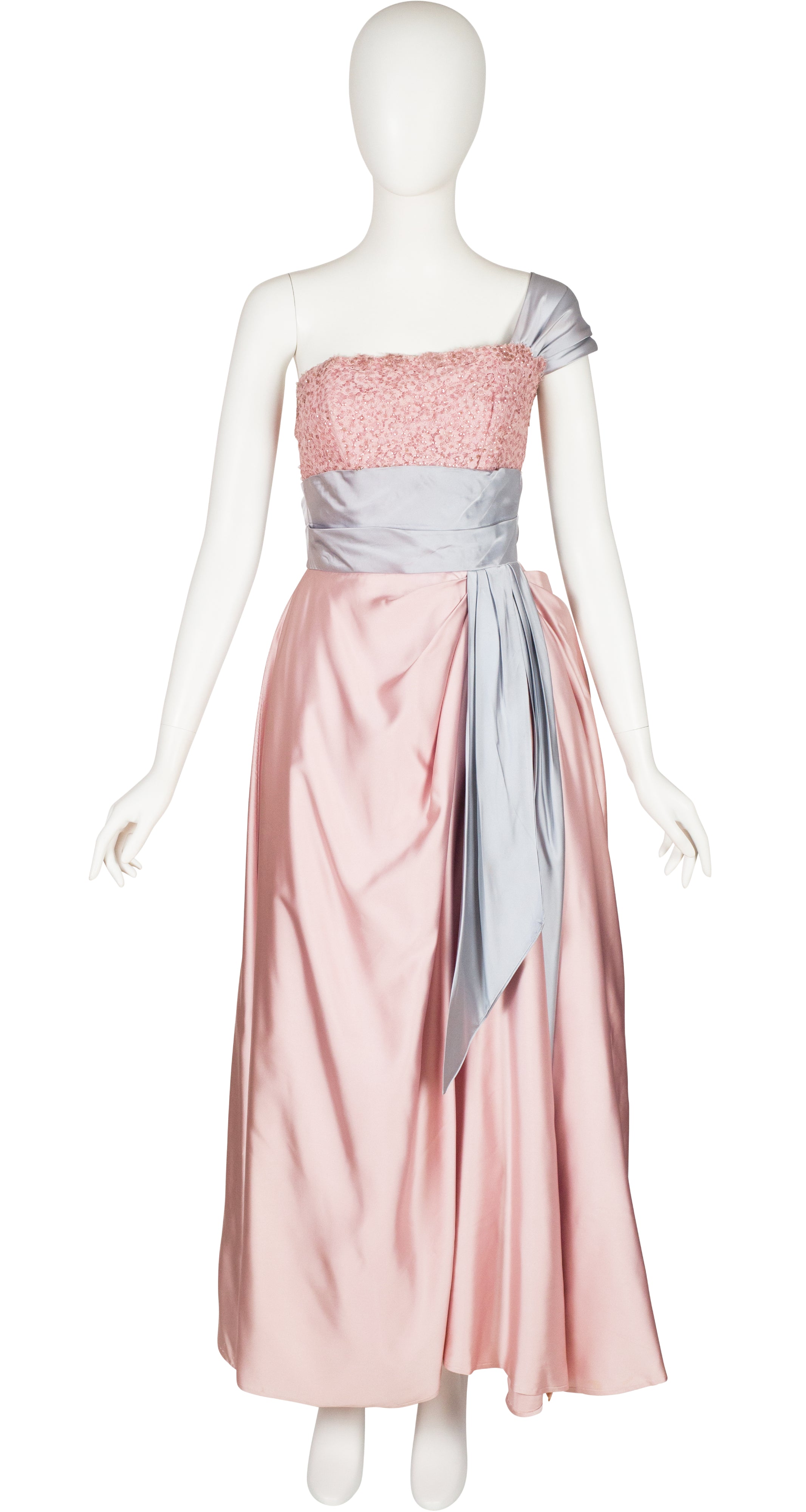 1950s Vintage Pink & Blue Satin Gown with Shawl Featherstone Vintage 1950s Vintage Pink & Blue Satin Gown with Shawl Featherstone Vintage