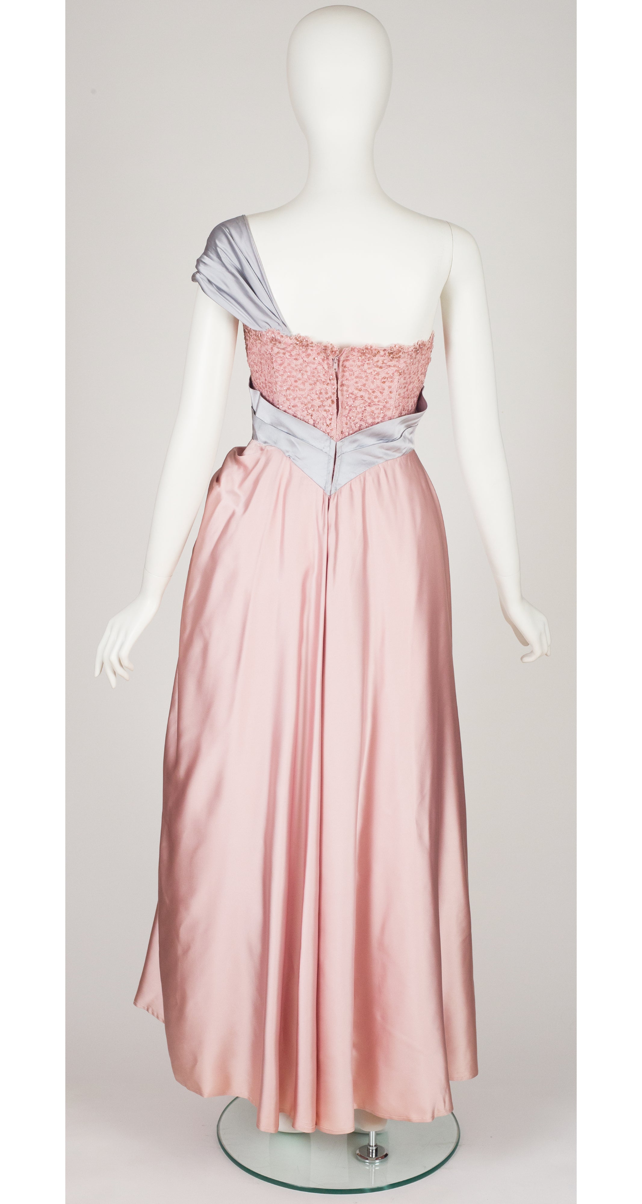 1950s Pink & Blue Satin Gown with Shawl