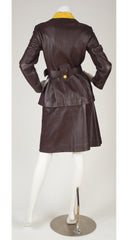 1970s Mod Yellow Trim Brown Leather Jacket & Skirt Set