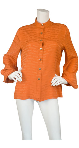 1960s Orange Signature Jacquard Silk Balloon Sleeve Blouse