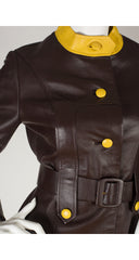 1970s Mod Yellow Trim Brown Leather Jacket & Skirt Set