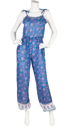 1970s Blue Floral Indian Cotton Gauze Jumpsuit