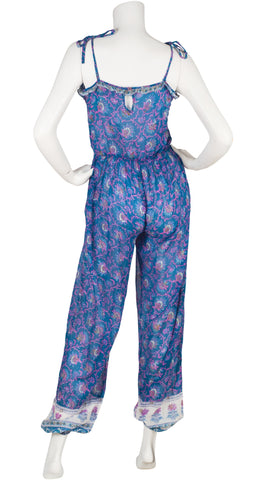 1970s Blue Floral Indian Cotton Gauze Jumpsuit