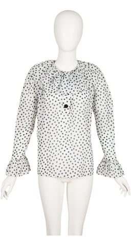 1980s Polka Dot White Cotton Gauze Ruffle Collar Blouse